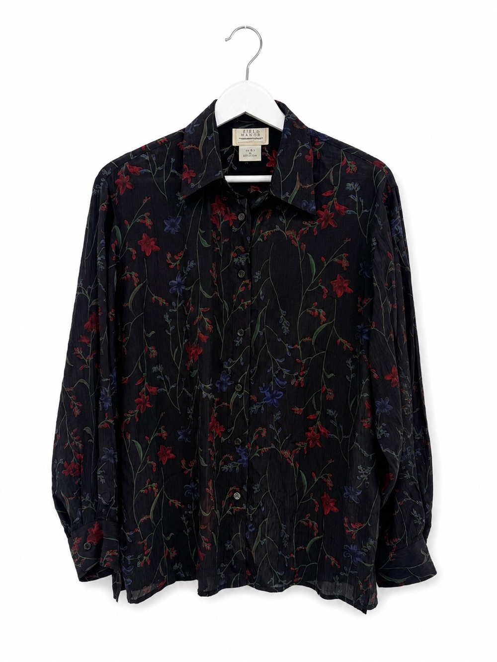 Field Manor Silk Floral Button Front Blouse Top Black Size Small Vintage